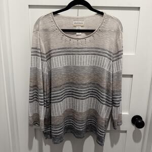Alfred Dunner Striped 3/4 Sleeve Sequin Neck Line Knit Sweater Womens Plus 2X